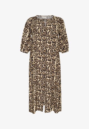 Haljina s leopard uzorkom u bež i smeđim tonovima, s okruglim izrezom, rukavima do tri četvrtine s volanima i prednjim prorezom za slobodu kretanja.