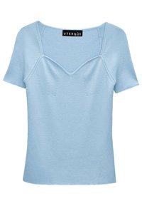 Světle modrý pletený top s krátkým rukávem, V-výstřihem, žebrovanou texturou a detailem šití na přední straně. Značka: UTERQUË.