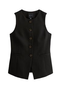 Černá bezrukávová vesta s pěti hnědými knoflíky, strukturovaný design, dvě boční kapsy a hladká textura látky.