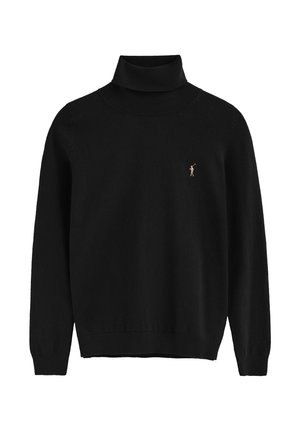 Zwarte coltrui met lange mouwen en een klein geborduurd logo van een polo speler op de linkerborst.