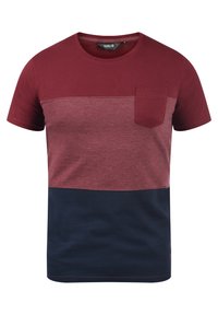 Maroon and navy color-blocked t-shirt made of cotton, featuring a crew neck and a chest pocket with a smooth texture.
