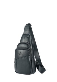 Sac bandoulière noir en cuir avec finition texturée, doté d'un compartiment principal zippé et d'une poche avant, avec une sangle réglable. Détail du logo à l'avant.