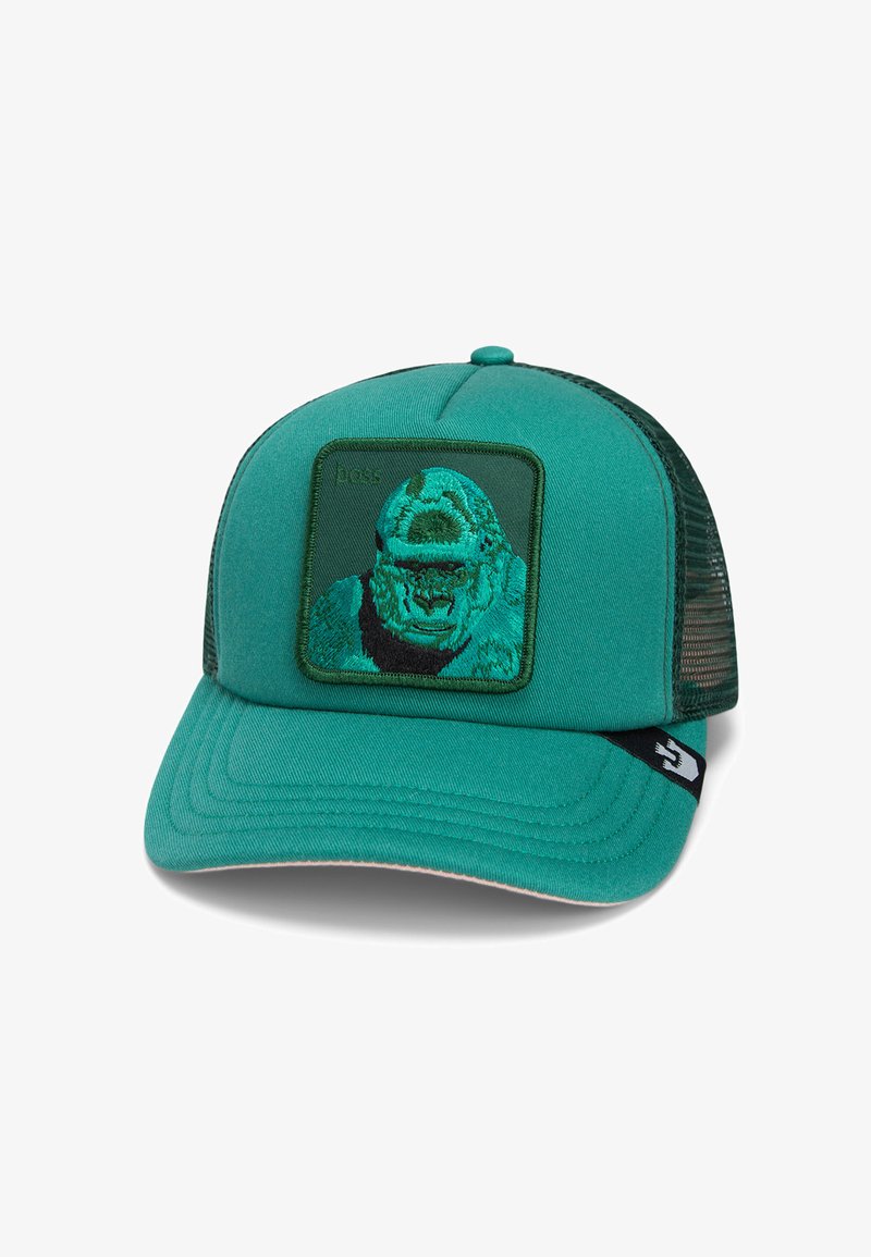 Green cap with a structured front, mesh sides, and a flat brim. Features an embroidered gorilla graphic on a square patch.
