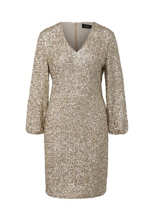 Goldfarbenes Paillettenkleid knielang mit V-Ausschnitt, langen Ärmeln und einem Reißverschluss am Rücken.