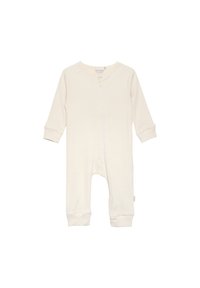 Cremefarbenes Baby-Einteiler mit langen Ärmeln, weichem geripptem Textil, Frontreißverschluss und eng anliegenden Bündchen. Keine Muster oder Verzierungen.