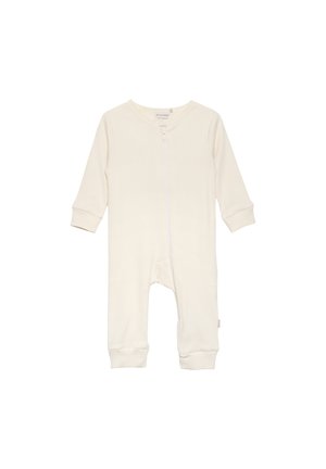 Cremefarbenes Baby-Einteiler mit langen Ärmeln, weichem geripptem Textil, Frontreißverschluss und eng anliegenden Bündchen. Keine Muster oder Verzierungen.