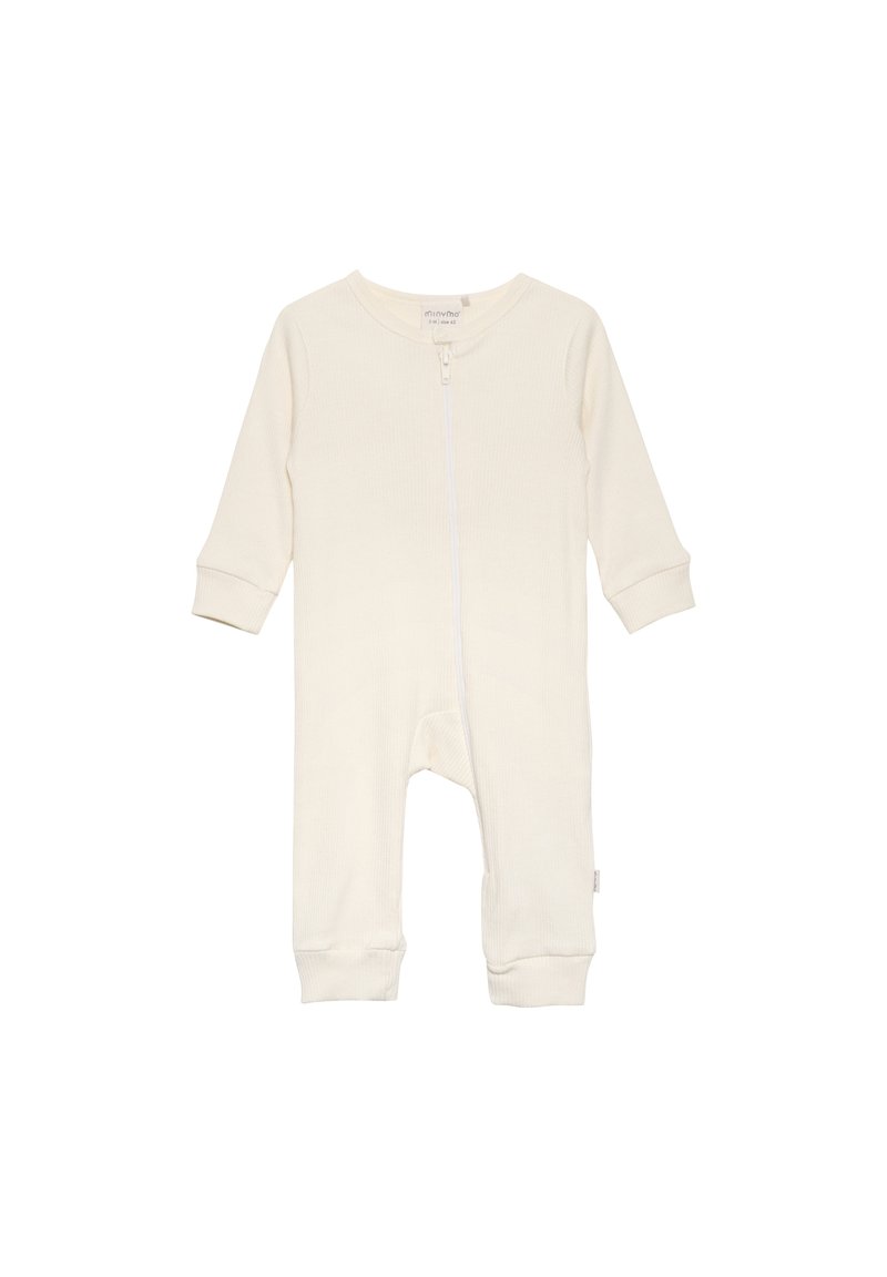 Cremefarbenes Baby-Einteiler mit langen Ärmeln, weichem geripptem Textil, Frontreißverschluss und eng anliegenden Bündchen. Keine Muster oder Verzierungen.