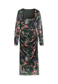 Vestito floreale verde realizzato in tessuto morbido, con maniche lunghe, scollo quadrato e dettagli arricciati sui lati con motivi colorati di uccelli e fiori.