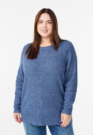 Blue ribbed sweater with long sleeves, a round neckline, and a relaxed fit. Soft texture and subtle variations in color throughout.