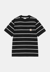 Camiseta de rayas en blanco y negro hecha de algodón, con cuello redondo, mangas cortas y un pequeño bolsillo en el pecho con un parche de logo.