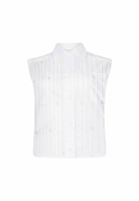 Camisetta senza maniche bianca con un colletto classico, caratterizzata da motivi di cucitura verticali e piccoli dettagli decorativi su tutta la superficie. Chiusura con bottoni.