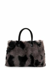 Faux fur handbag with a gray and black spotted pattern, featuring black leather handles and a rectangular shape. Soft texture.