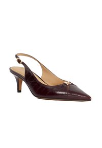 Dark brown leather slingback kitten heel with pointed toe and small gold buckle on ankle strap.