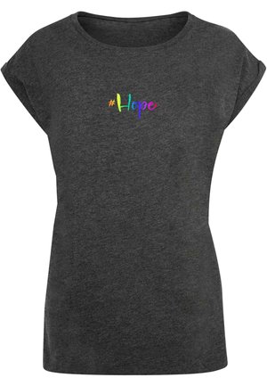 Dark gray t-shirt with a round neckline and rolled short sleeves. Features colorful "#Hope" text on the front. Soft fabric texture.