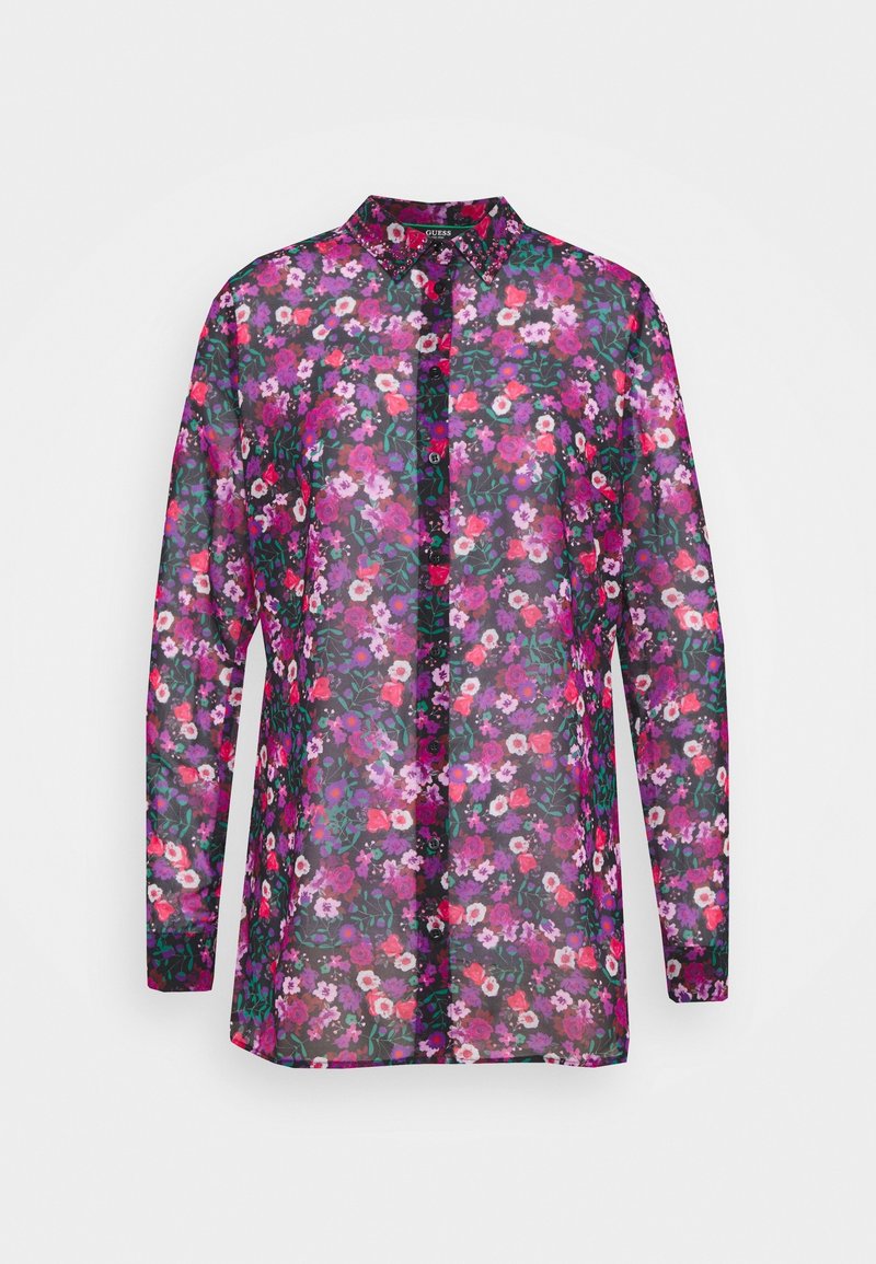 Blouse transparente à manches longues avec boutons, ornée d'un motif floral vibrant dans des nuances de rose, violet, rouge et vert sur un fond sombre.