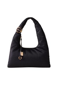 Black padded hobo bag with a rounded handle, textured surface, gold hardware accents, and a small leather tag attached to the strap.