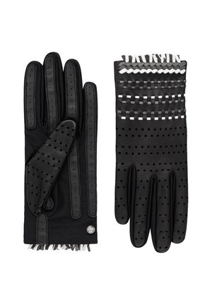 Schwarze Lederhandschuhe mit perforiertem Design, einfarbigen schwarzen Akzenten und einem gewebten Textur am Bündchen, mit einem metallischen Logo Detail.