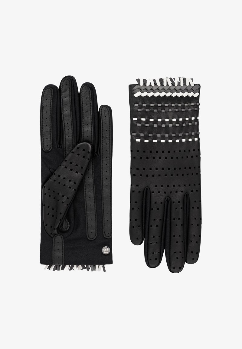 Schwarze Lederhandschuhe mit perforiertem Design, einfarbigen schwarzen Akzenten und einem gewebten Textur am Bündchen, mit einem metallischen Logo Detail.