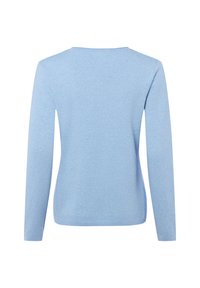 Hellblauer Langarmpullover mit rundem Halsausschnitt, weicher Textur und seitlichen Schlitzen. Einfaches Design ohne sichtbare Grafiken oder Verzierungen.