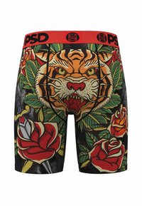 Czarne bokserki z czerwonym pasem, na którym znajduje się duża pomarańczowa twarz tygrysa otoczona zielonymi liśćmi i czerwonymi różami, z misternymi detalami.