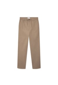 Pantalones beige de pierna recta con cintura elástica y cordón ajustable. Tejido ligero con una textura suave. Sin patrones visibles.