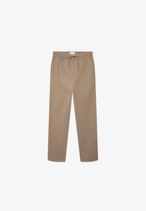 Pantaloni bej cu croi dreaptă, dotati cu talie elastică și șnur ajustabil. Material ușor, cu o textură netedă. Fără motive vizibile.