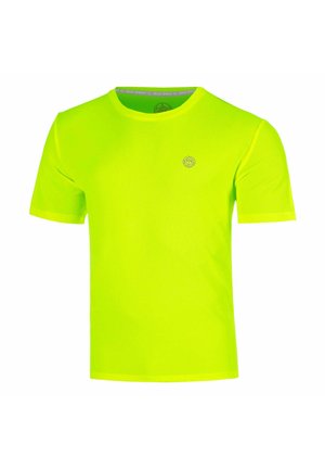 T-shirt gialla neon brillante a maniche corte con scollo rotondo e piccolo logo circolare sul petto sinistro, realizzata in tessuto leggero e traspirante.