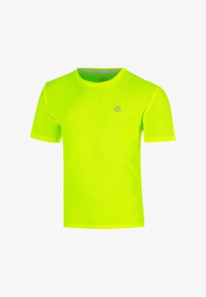 T-shirt gialla neon brillante a maniche corte con scollo rotondo e piccolo logo circolare sul petto sinistro, realizzata in tessuto leggero e traspirante.