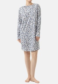 Dessucci da notte floreale con maniche lunghe, caratterizzato da una combinazione di blu chiaro, blu navy e beige su un tessuto morbido. Scollatura rotonda, lunghezza al ginocchio.
