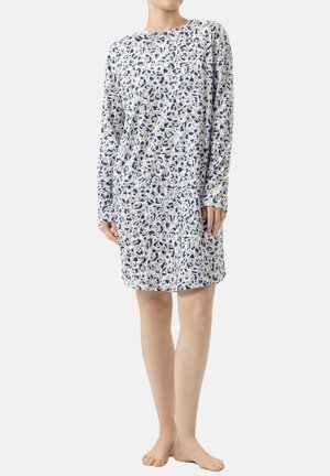Nachthemd met bloemenprint en lange mouwen, met een mix van lichtblauw, marineblauw en beige op een zachte stof. Ronde halslijn, tot de knie.