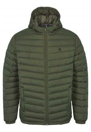 Puffer jacket in olive green, featuring horizontal quilted design, zip front, hood, and side pockets. Made of lightweight, water-resistant material.