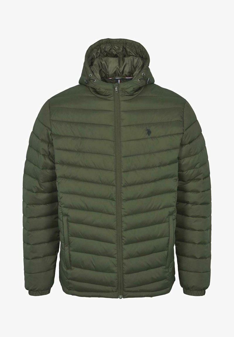 Puffjacka i olivgrön, med horisontell quiltad design, dragkedja framtill, huva och sidofickor. Tillverkad av lätt, vattenavvisande material.