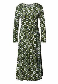 Langslouch jurk met een groen, blauw en wit bloemenpatroon, voorzien van een cinched taille en een geplooide rok. Zachte stoftextuur.