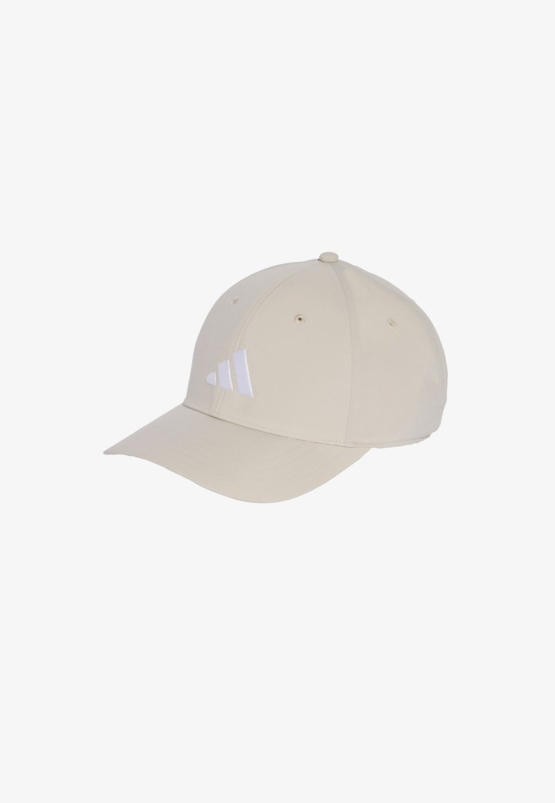 Beige baseball cap made of fabric, featuring a curved visor, six-panel design, and white embroidered logo accents.