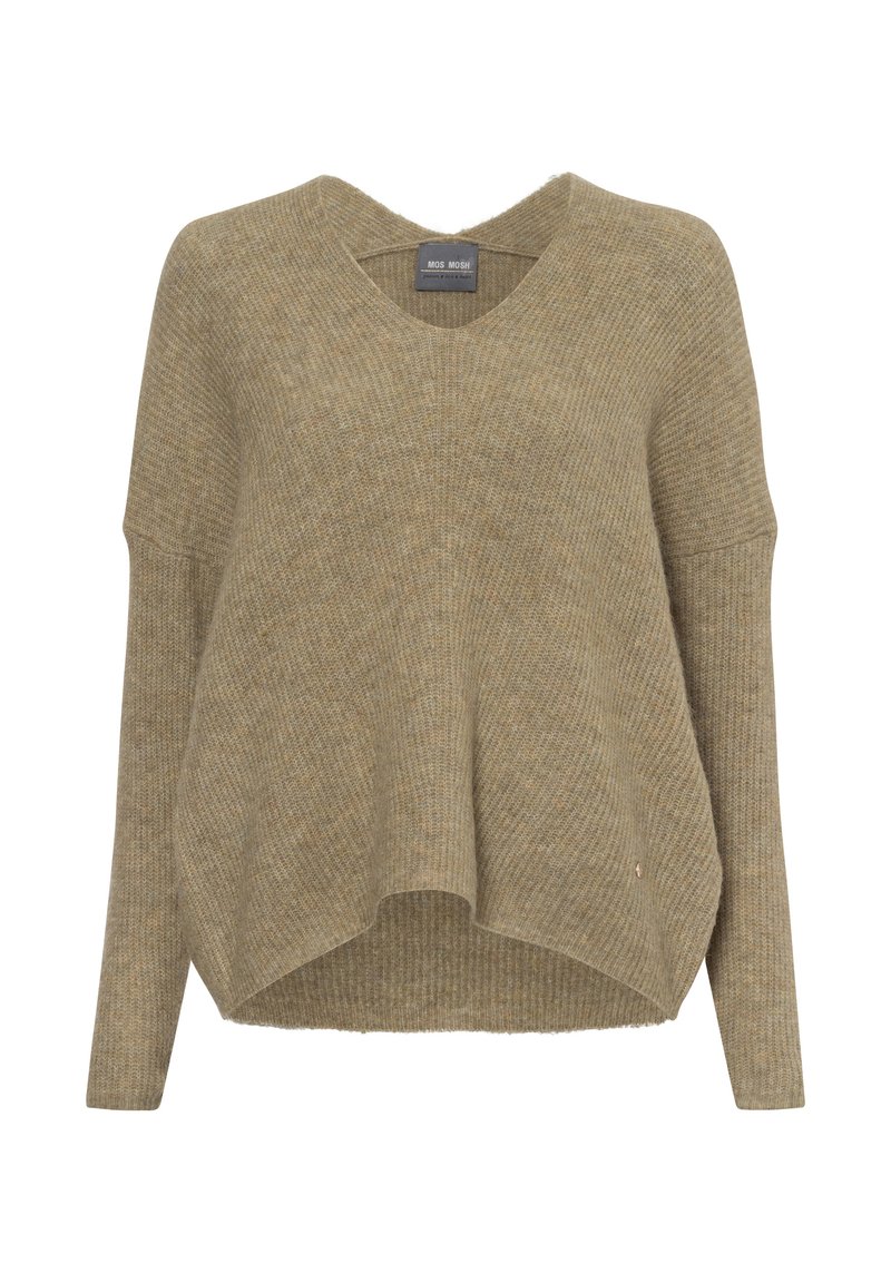 Oliwkowy sweter dzianinowy z dekoltem w kształcie litery V, długimi rękawami i luźnym krojem. Posiada prążkowaną strukturę i ukośny dół.