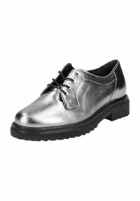 Scarpe lace-up metalliche argento con finitura liscia, punta tonda e suola in gomma nera testurizzata per una migliore aderenza. Design classico oxford.
