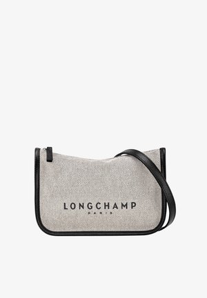 Gray patterned bag with black leather trim and adjustable strap. Features "LONGCHAMP PARIS" logo printed at the front. Rectangular shape.