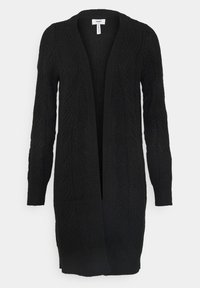 Sort strikket cardigan med v-hals, åben front, ribbede manchetter og teksturerede kabelmønstre overalt. Lange ærmer og knælang.