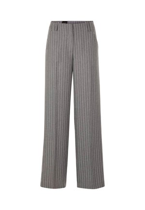 Graue Hosen mit weitem Bein und vertikalem Nadelstreifenmuster, gefertigt aus glattem Stoff. Verfügt über einen elastischen Bund in mittlerer Taille ohne sichtbare Verschlüsse.