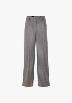 Gray wide-leg trousers with a vertical pinstripe pattern, made of smooth fabric. Features a mid-rise elastic waistband and no visible hardware.