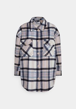 Langærmet skjortejakke i ternet mønster i beige, sort, hvid og pastelblå med to forfløjspakker og krave.