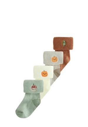 Set aus vier gestrickten Socken in Grün, Creme, Hellgrau und Braun; mit gestickten Motiven: einer Eichel und Kürbissen; mit gerippten Bündchen.