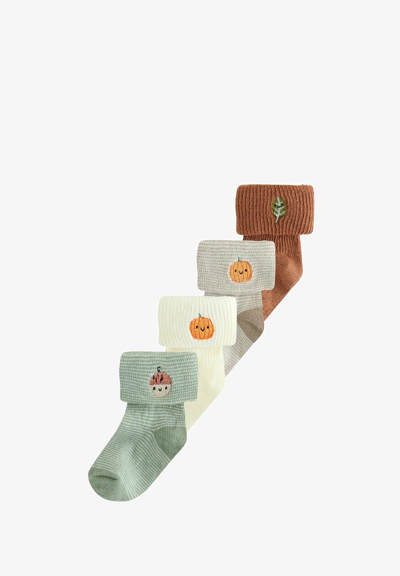 Set aus vier gestrickten Socken in Grün, Creme, Hellgrau und Braun; mit gestickten Motiven: einer Eichel und Kürbissen; mit gerippten Bündchen.