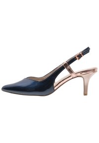 Námořnické modré lakované slingback lodičky s špičatou špičkou, kovovým růžově zlatým podpatkem a nastavitelným páskem. Hladký povrch s jemným vzorem.