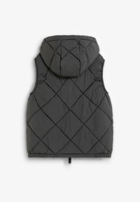 Quilted black puffer vest with a hood, featuring a diamond pattern, elastic edges, and a drawstring at the bottom for a tailored fit.