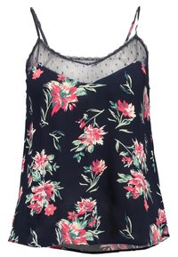 Camisola floreale in tessuto blu navy con fiori rosa e verdi. Bordo in pizzo trasparente lungo il collo e spalline regolabili. Design leggero e fluido.