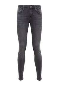 Slim-fit black denim jeans with a faded wash, featuring five pockets, a button closure, and subtle stitching details along the seams.