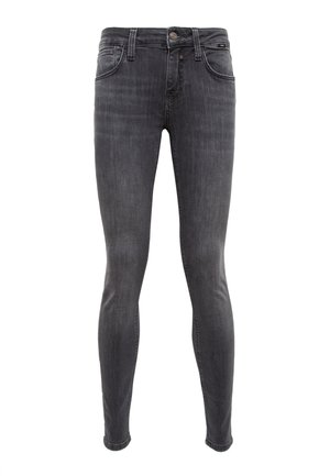 Slim-fit black denim jeans with a faded wash, featuring five pockets, a button closure, and subtle stitching details along the seams.