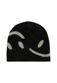Czarna dzianinowa czapka z wyszytymi w abstrakcyjne zakrzywione i owalne szare kształty.