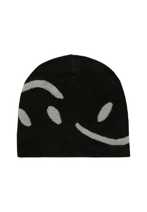 Cappello in maglia nera con forme grigie curve e ovali astratte lavorate nel tessuto.